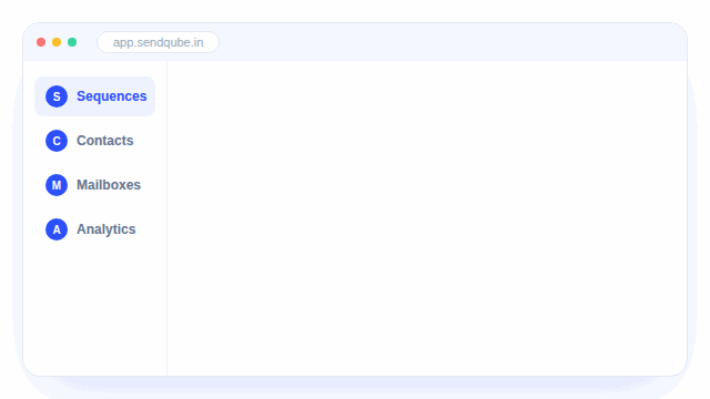 A tour of the Sendqube app cycling through Sequences, Contacts, Mailboxes, and Analytics